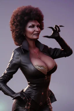 Pam Grier as evil queen in black leather, leather, busty, cleavage, angry, stern look. character design by cory loftis, fenghua zhong, ryohei hase, ismail inceoglu and ruan jia. unreal engine 5, artistic lighting, highly detailed, photorealistic, fantasy