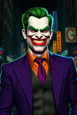 Jack Nicholson, The Laughing Man - A tall, muscular 20-year-old man, with (((Short, crew cut wavy green hair tapered on the sides and back:1.5))), his face is white with red lips permanently stuck in an evil grimace/smile, he has thick, bushy green eyebrows He wears a purple pinstriped jacket over a green waistcoat and an orange button up shirt with a purple tie, ((Photorealistic)), ((Cinematic Lighting)), the background is a Dark, neon lit city
