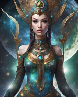 Realistic picture. alien gir l elf.Decorative dress for the body. . Dawad is decorated. Cosmic skin. . Hello elements. Spiritual energy..It stands on an ashes of radiant glass, buildings and moon waterfalls. And planets