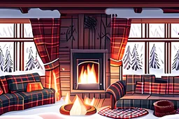 A cozy maximalist cabin interior with lit fireplace. Snow seen outside the window. Plaid curtains and cushions. Warm rug. illustration