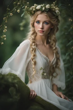 young woman small in stature Her features were soft, and her blonde hair framed her petite face.she wore was a thin white nightdress, which ended just above her knees. green/blue eyes