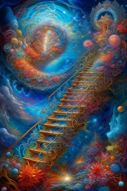 84. intergalactic ladder, ice and flame, stardust, glitter, shimmer, fractal of smoke, clear drawing, full detail, space, frost, transparency, ornate, infinity, epoxy resin Beautiful staircase in flowers and butterflies. She goes out into the starry sky. Planets. Moon. The sun. It is picturesque and colorful. Openwork railings. The bright colors of the ring. Fantasy. Shimmer exquisite luxury chic aesthetics photo harmony Professional photo 64 thousand pixel graphics High detail Bright lighting