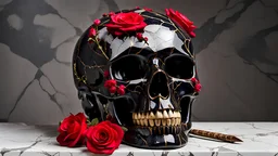 An antique, fractured, crimson and black ceramic skull with a railroad spike driven into the top, repaired with the Kintsugi method, with roses, white and gray marble background, intricate detail, ultra-realistic, ultra-detailed, 8k--v 4, full shot, sharp focus