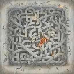 sketch A labyrinth with intertwined vines and a , add elements like weed,