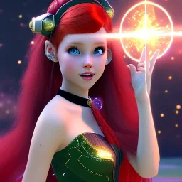 Pretty teenage girl with red hair who is dressed like a space witch casting a spell, girl has green eyes, background is realistic space renditions, wearing a black emo dress, full body portrait, rendered, unity 3d, unreal engine, dslr, hdr, 4k, edited, photorealistic, normal number of appendages, hands blocked by magic