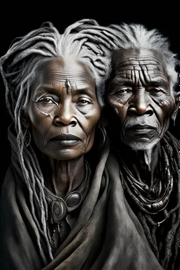 a photo of an Bushmen man and woman with ethnic jewelry, grey hair and grey flowing robe, in style of Annie Leibovitz, contemporary portrait of a mature yet beautiful and modernist, black and grey, detailed face, swirling fluid smokey enigma, award-winning artwork