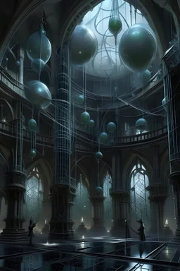 wizard workshop with a gothic/alien hybrid architecture, high vaulted ceilings, and a network of magically suspended tubes of water connected to larger floating globules of water, arranged in a spiderweb configuration, with more prominent tubes able to show creatures moving through them