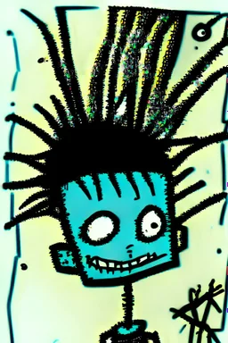 2d drawing of a stickman, cool with punk hair, x eyes like hangman, close-up, side view bended looking into the camera, smiling,in colour