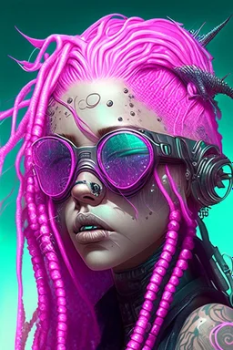 mermaid cyberpunk some fish scales on face pink hair dreadlock sunglasses