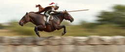 fast horse hippo hog jumping a wall with knight rider and lance, motion blurred background