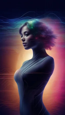 A beautiful face in front of visually captivating, futuristic background for a book cover on audio engineering and mixing, with holographic, multicolored soundwaves that pulse and flow diagonally across a dark, abstract background filled with a subtle star field. Use three-dimensional elements, creating a sense of depth, with frequency bars and particle effects that feel fluid and dynamic, reflecting the essence of modern audio technology