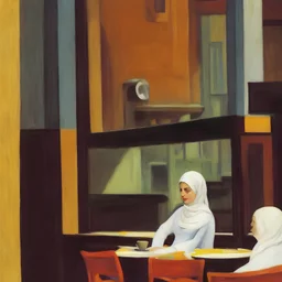 a hijabi woman in a cafe reading a book by edward hopper