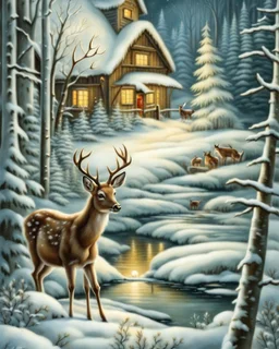 v20th century hungarian vintage postcard, painting of a deer in a snowy forest , a little cute village in the valley in the background, christmas mood, cosy enchanted winter scene, beautiful depiction, inspired by Terry Redlin, snowy winter beauty scene, painting, by Cindy Wright, beautiful detail, by Doris Blair, wintery scene, amazing detail, stunning artwork, vintage postcard, nostalgic style