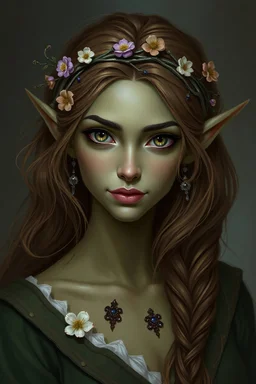 Generate a dungeons and dragons character of a female spring Eladrin elf. She is a bard. She is chaotic neutral, and come from far away, looks mysterious and smirk. She looks fascinating. She wears a dainty circlet made of silver coated branches and flower in her hair is brown and voluminous, her skin sun-kissed. Her eyes are hazel. Her skin is green. She look like she comes from the wood. realist digital paintng