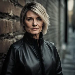 sweet woman, 40 years old, with dark short hair with blonde streaks, gray eyes, facial skin with very noticeable unevenness, wrinkles and pores, in a black jacket, standing by an old brick wall on the street during the day, abstract neorealism, cinematic, film light, hyper-detailed , hyper-realistic, masterpiece, atmospheric, high resolution, 8k, HDR, FUJIFILM, photo, bokeh