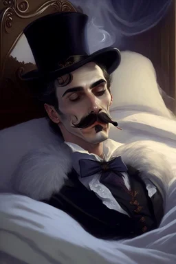 Strahd von Zarovich with a handlebar mustache wearing a top hat and t laying in bed and blowing a kiss