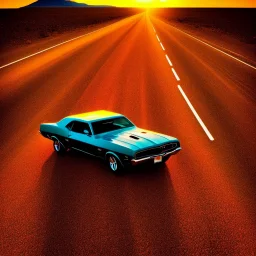 muscle car, desert road, sunset, full colour,