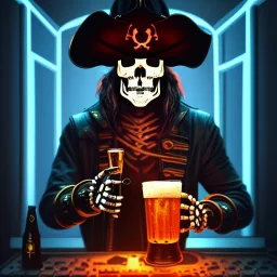 a cyberpunk hacker pirate captain skeleton holding a beer with a pirate hat sitting in front of a huge old crt monitor in a dark room , only light coming from crt monitor, highly detailed, intricate, digital art, trending on artstation, trending on cgsociety, by greg rutkowski