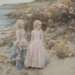 Elle fanning and dakota fanning as flowers, on the beach, autochrome