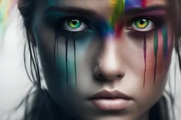 Photoreal gorgeous shot of beautiful young girl with one gold and one green eye, warrior, strong, sad, resilient, vivid vertical rainbow on left side forehead, long black tears below both eyes, forgotten realms fantasy style by lee jeffries, otherworldly creature, in the style of fantasy movies, shot on Hasselblad h6d-400c, zeiss prime lens, bokeh like f/0.8, tilt-shift lens, 8k, high detail, smooth render, unreal engine 5, cinema 4d, HDR, dust effect, vivid color