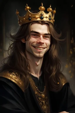 Traditional painting portrait of a young aristocratic man. He's a fairy king. He is grinning. He has long hair. He is wearing a loose black shirt and a thin golden crown.
