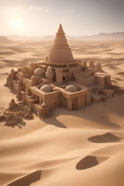 hyper detailed remains of an ancient technological civilization in the meddle of a desert, covered by sand, photorealistic, octane rendered, unreal engine, high contrast, high resolution, high quality, 8k, masterpiece, 3d