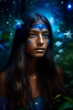 cosmic beautifull brazilian indigenous, long hair, blue eyes, flowers, stars, light galaxy, forest