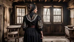 in front of the picture from the back, an middle-aged brown hair woman in a black vintage hungarian folk dress in black woman headscarf , her standing in villager room and looking at a wooden cross on the wall , old village environment, rustic rammed floor, lace curtains, sad atmosphere, high detailed, sharp focus, high realistic, perfect photo