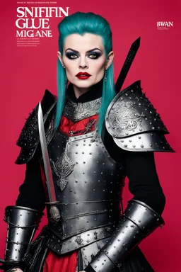 SNIFFIN’ GLUE magazine high res photo cover by Iwan Baan:, special Disobey issue, guest star: Nina Hagen in medieval plate armour with a bloody zweihander sword, NO RULES, just punk