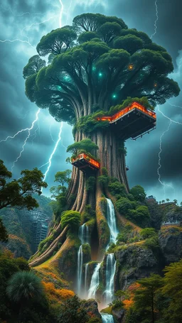 Cyber punk style Giant tree. with perfect eco system. Elevators. Terraformed layers. electricity. Garden. Trees. Waterfall. Vivid colors. Sony Alpha 7 50mm 1.8,medium shot, high-resolution image with fine details, citrine, ultra detailed,ultra realistic,extremely realistic,intricate,photorealistic,epic composition,masterpiece.with stormy weather a lot of clouds and thunders