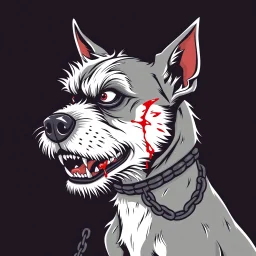 left facing head of angry Terrier dog with blood shot eyes and bloodied teeth, a ball chain collar around neck, a chain leash attached to collar, vector