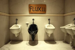 line of fine white porcelain urinals in a nice restaurant men's room with marble floors and walls but one of the urinals is black with a giant crack and is spraying brackish water on floor from a busted pipe, above the broken urinal is a cardboard sign with written text "FLUX1.1", concept art, hyperreal