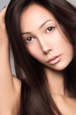 woman with golden ratio face, long hair brunette with and Asia skin tone.