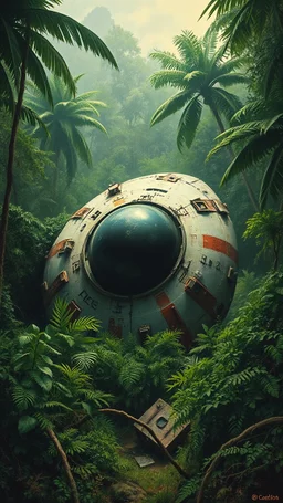 An abandoned UFO spacecraft crashed in the Amazon rainforest , among the green bushes, Busch painting style nightmare