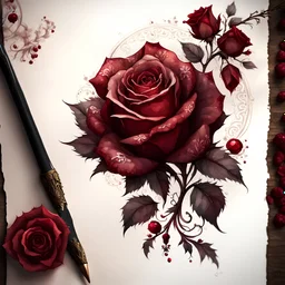 watercolor draw gothic vintage rose, dark red with flowers, white lace and rubies, white background, Trending on Artstation, {creative commons}, fanart, AIart, {Woolitize}, by Charlie Bowater, Illustration, Color Grading, Filmic, Nikon D750, Brenizer Method, Side-View, Perspective, Depth of Field, Field of View, F/2.8, Lens Flare, Tonal Colors, 8K, Full-HD, ProPhoto RGB, Perfectionism, Rim Lighting, Natural Lightin