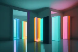 Doors are floating on the room, various color transparent tubes are floating on the room, There are darcolor monoliths in the room