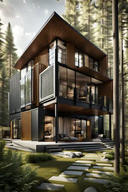 Medium sized, modern house in the woods made from shipping containers, photorealistic