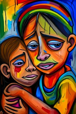 a girl hug her brother and both crying sadly, expressionism, Pixar style, in abstract art Basquiat, Picasso, Miro, Kandinsky, Klee, Birell, Fairey, Ardon, Buffet aand Picasso style, HD --s 750 --v 5.1 --style raw, water color