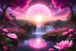 fractale divine , extremement synthese conjonction entre ce qui se passe dessus et ce qui se passe dessous arc de cercle de glycine rose très éclairée par les rayons d'un soleil couchant au dessus d'un cours d'eau bordé de lotus roses et d'une cascade au loin, the night sky casts its dreamy gaze, amidst the vibrant pink color flowers of spring , esprit energie de sphere celeste golden halo.. high purity. very detailed, digital art, beautiful detailed digital art, colorful, high quali