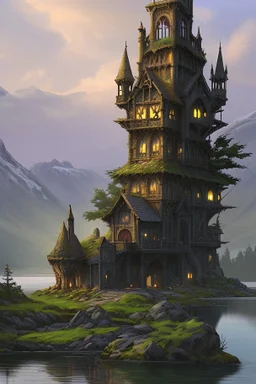 2-story Fantasy Gothic Tower with An Observation Platform, On A Rocky Island, In A Lake, In A Fantasy Woodland, with a bridge