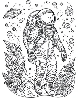 outline art for stoners coloring pages with A very simple and super minimal design featuring A cosmic coloring page featuring an astronaut floating in space surrounded by cannabis constellations., white background, sketch style, fully body, only use outline, cartoon style, clean line art, white background, no shadows and clear and well outlined