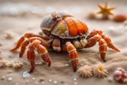 Close-up photograph of hermit crab perched in wet sand, with starfish and seaflowers nearby, the details of their shells and the texture of the sand are emphasized.
