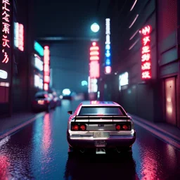 nissan skyline r34; tokyo; realistic; rain; neon signs