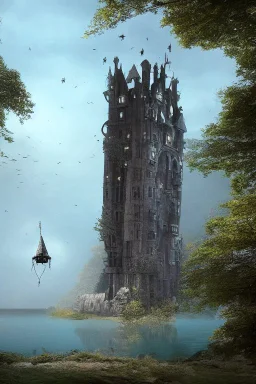 Fantasy Gothic Tower, With A Side Building, On An Island, In A Lake, In Woodland With A Flying Boat Overhead