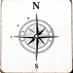 compass directional indicator found on maps, antique etched, black on white