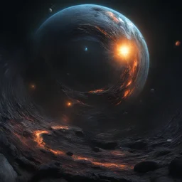 A solar system tightly orbiting a black hole, destruction, terror, ripping apart, colorful, dark, ominous, beautiful abyss, vivid, 8k 3d, vray, highly detailed matte painting, action, concept art, phoptorealistic, dozens of brightly lit rings of destroyed orbiting bodies, perfect circles