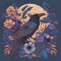 Best quality, masterpiece, ultra high res, detailed, illustration, design, flat vector style, high resolution, illustraTed, shadows and light, aesthetic, modern, ambient lighting, flat colors, vector illustration, raven, moon, leaves, stars, flowers, sailor jerry tattoo, old school tattoo