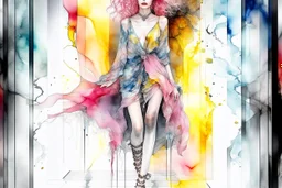 A beautiful woman with knee-length curly pink hair, wearing a spider-sleeved ankle-length tie-dye kaftan and silver high-heeled sandals, double exposure, merged layers, watercolor and black ink outlines, soft, shading strokes, cracked marble holographic background, the cracks are golden S<AI in sunshine