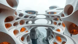 Architectural complex based on three-dimensional tessellations, floating structures following principles of advanced topology, curved bridges that defy gravity, Moebius surfaces integrated into the design, a play of mathematically precise volumes, avant-garde and surreal atmosphere, detailed architectural rendering