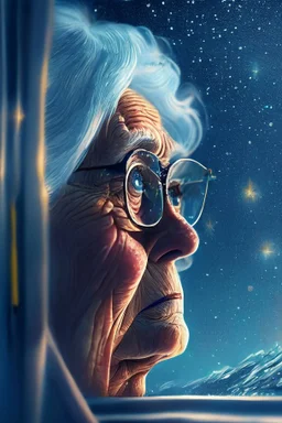 grandma soul , with background star field seen in the window of a boat, 4 k, trending art, depth of field, in the style of gorillaz